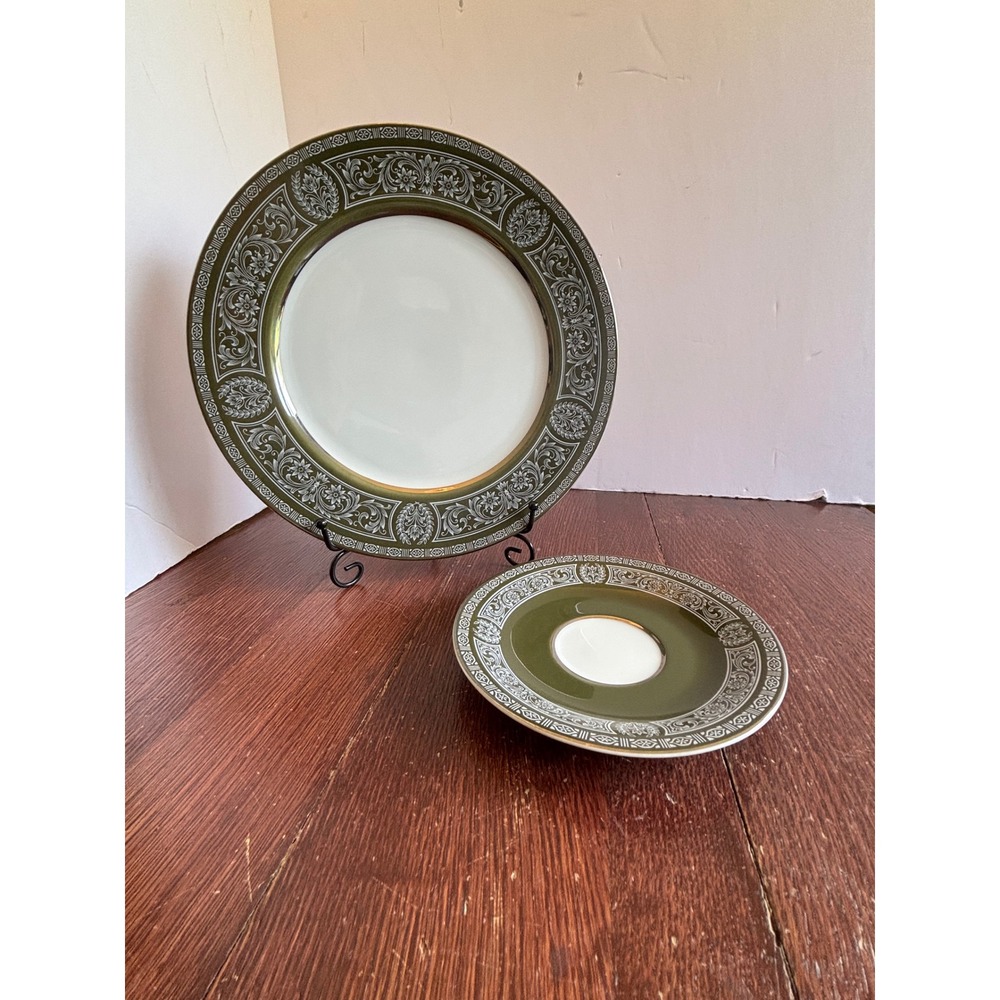 Sango Forest Damask 3544 Fine China Dinner Plate and Saucer Set Olive Green Gold